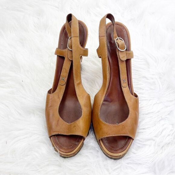 Chanel Light Brown Slingback Peep Toe Leather Wedge Sandals - Picture 2 of 16